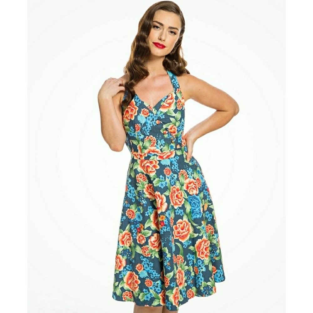 Lindy Bop Blue Orange Floral Halter Dress XS